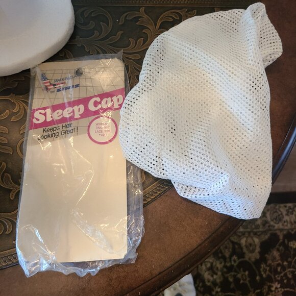 Vintage Siris Sleep Cap Bonnet Window Pane Net Lace Trim White Hair Protection - Picture 2 of 8